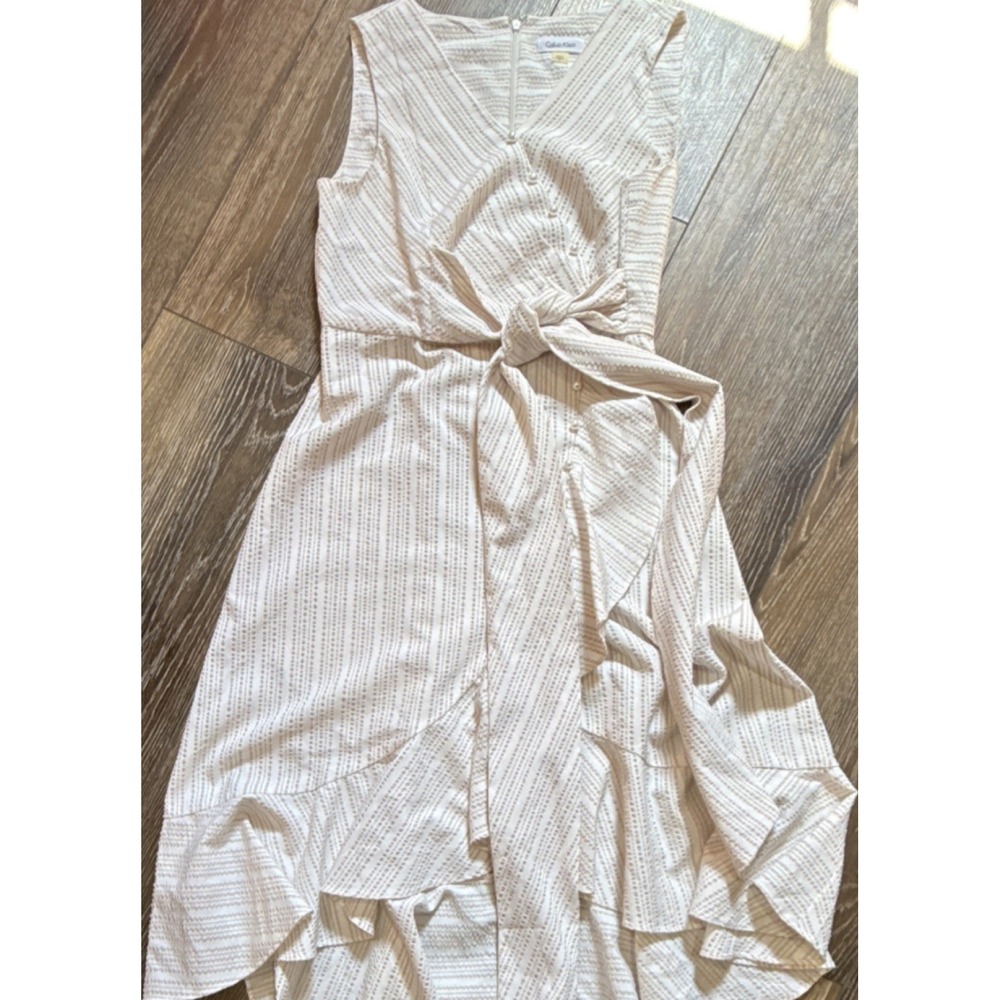 Calvin Klein Striped Sleeveless Midi Wrap Dress Ruffle Hem White Beige Sz 8 Boho